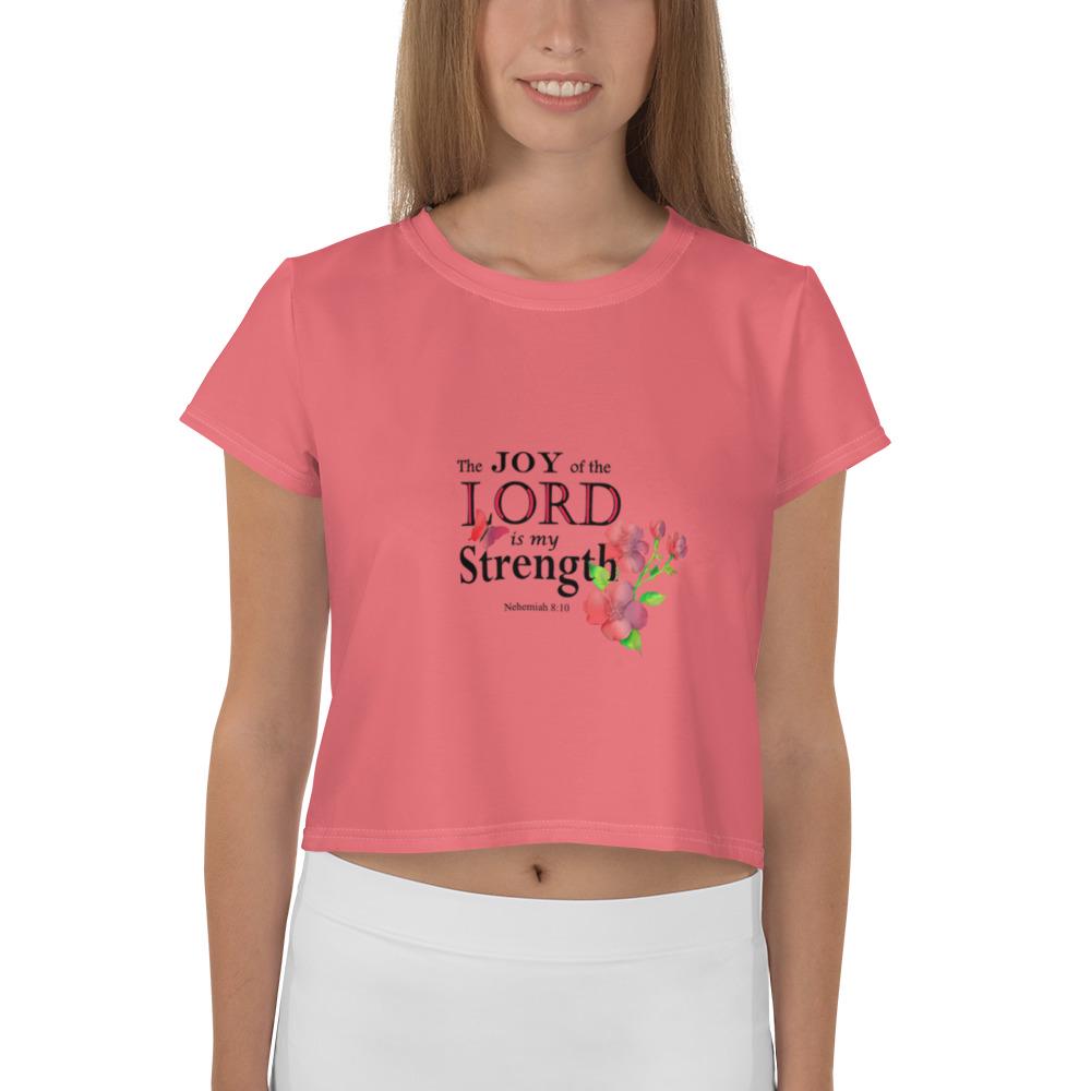 Minimalist Salmon Colored Crop T-Shirt For Women with Floral Bible Verse | 'The Joy of the Lord is My Strength' Graphic Art Design, crop top  gift,