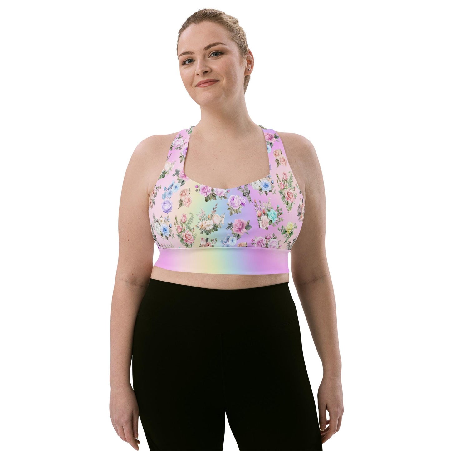 Pastel Rainbow Floral Recycled Longline Sports Workout Bra - Cute, Comfortable Activewear for Yoga Fitness - Beautiful Stylish Athleisure - Printspirationz