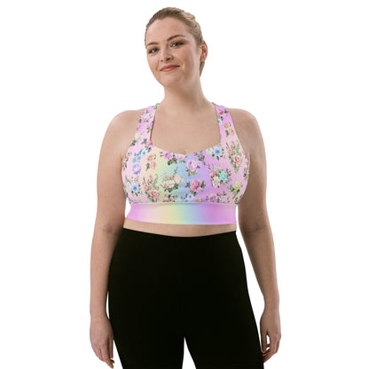 Pastel Rainbow Floral Recycled Longline Sports Workout Bra - Cute, Comfortable Activewear for Yoga Fitness - Beautiful Stylish Athleisure - Printspirationz