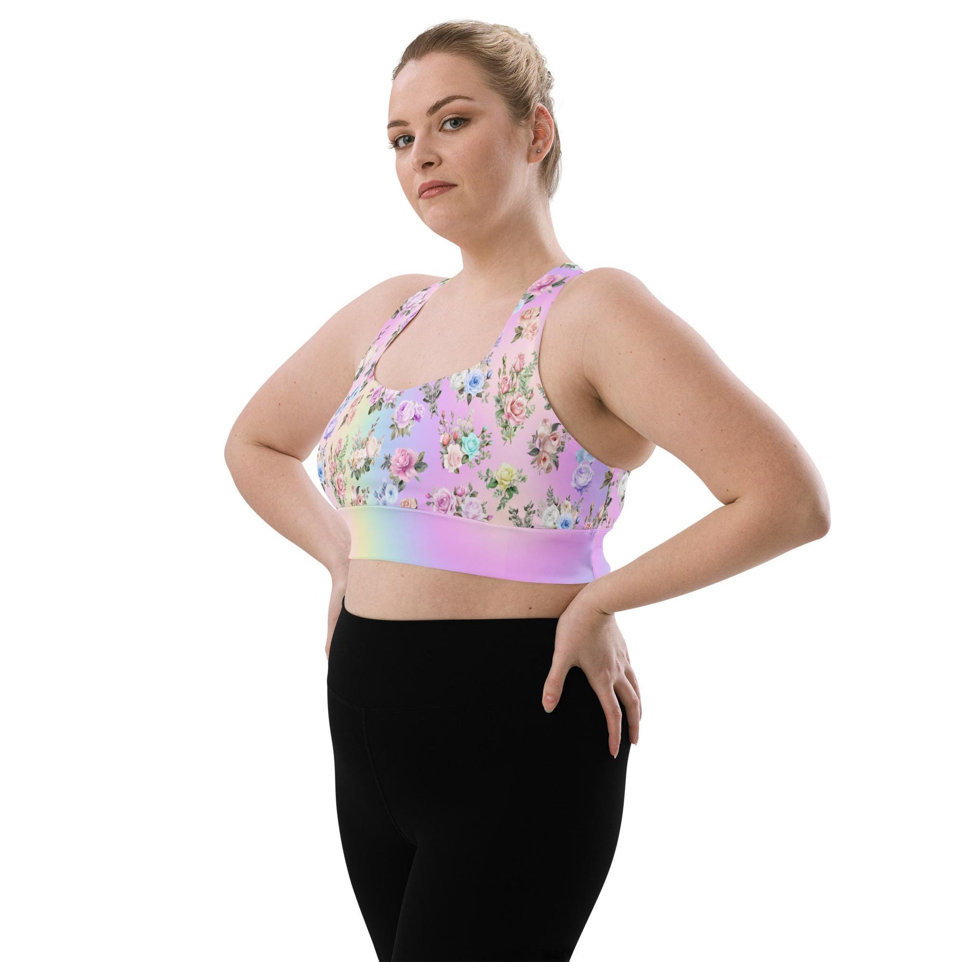 Pastel Rainbow Floral Recycled Longline Sports Workout Bra - Cute, Comfortable Activewear for Yoga Fitness - Beautiful Stylish Athleisure - Printspirationz