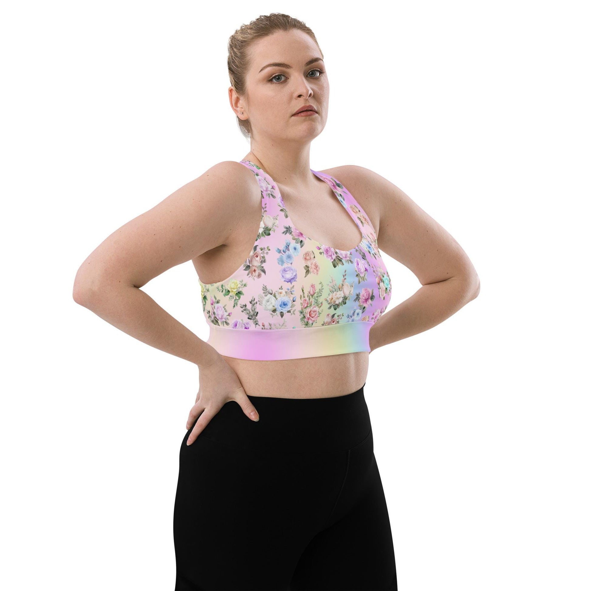 Pastel Rainbow Floral Recycled Longline Sports Workout Bra - Cute, Comfortable Activewear for Yoga Fitness - Beautiful Stylish Athleisure - Printspirationz