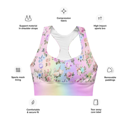 Pastel Rainbow Floral Recycled Longline Sports Workout Bra - Cute, Comfortable Activewear for Yoga Fitness - Beautiful Stylish Athleisure - Printspirationz