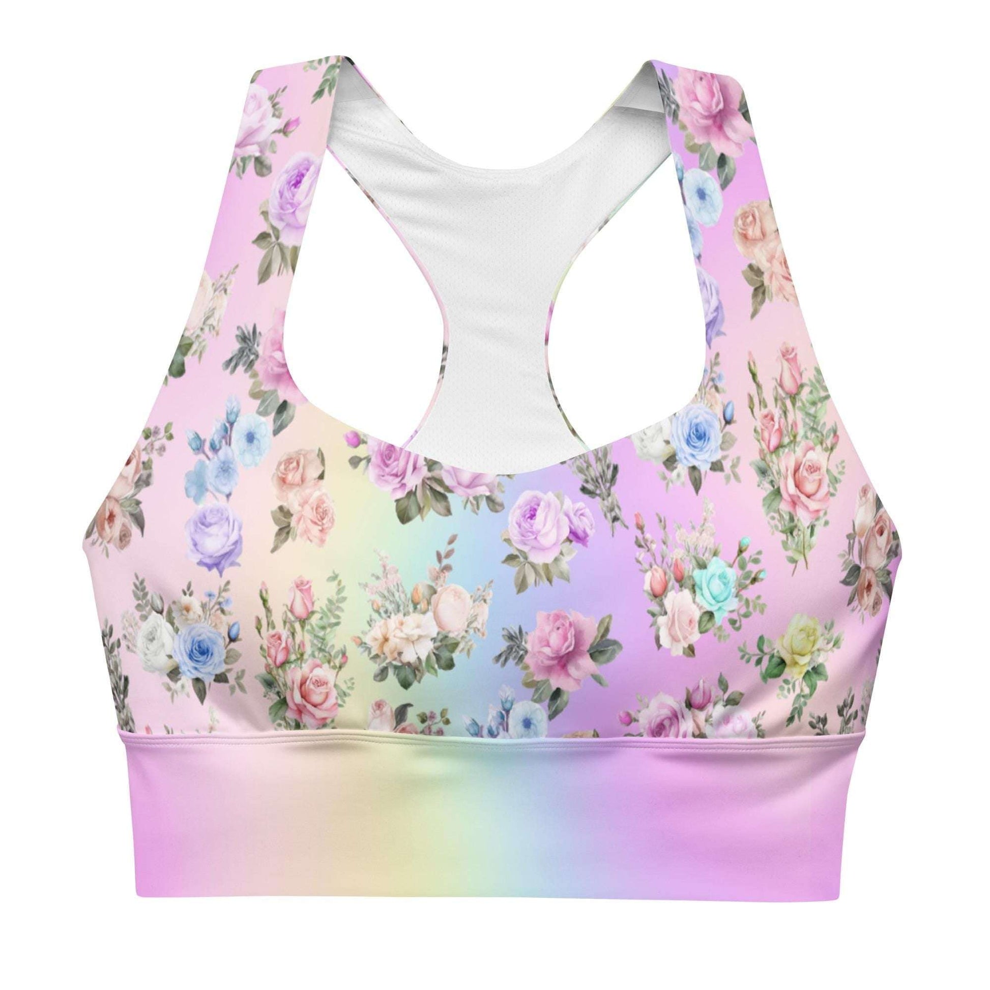 Pastel Rainbow Floral Recycled Longline Sports Workout Bra - Cute, Comfortable Activewear for Yoga Fitness - Beautiful Stylish Athleisure