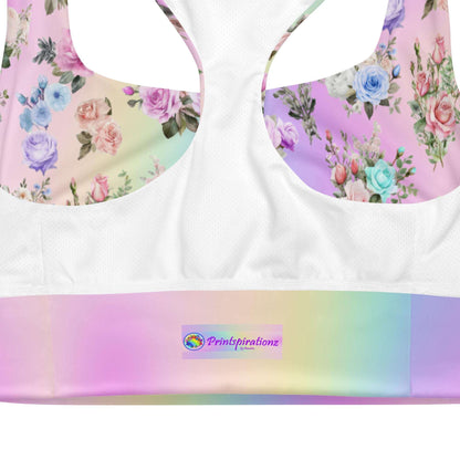 Pastel Rainbow Floral Recycled Longline Sports Workout Bra - Cute, Comfortable Activewear for Yoga Fitness - Beautiful Stylish Athleisure