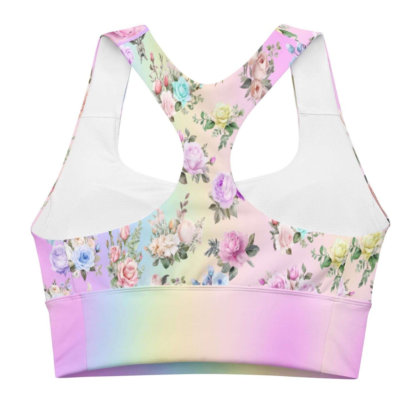 Pastel Rainbow Floral Recycled Longline Sports Workout Bra - Cute, Comfortable Activewear for Yoga Fitness - Beautiful Stylish Athleisure
