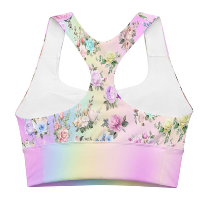 Pastel Rainbow Floral Recycled Longline Sports Workout Bra - Cute, Comfortable Activewear for Yoga Fitness - Beautiful Stylish Athleisure