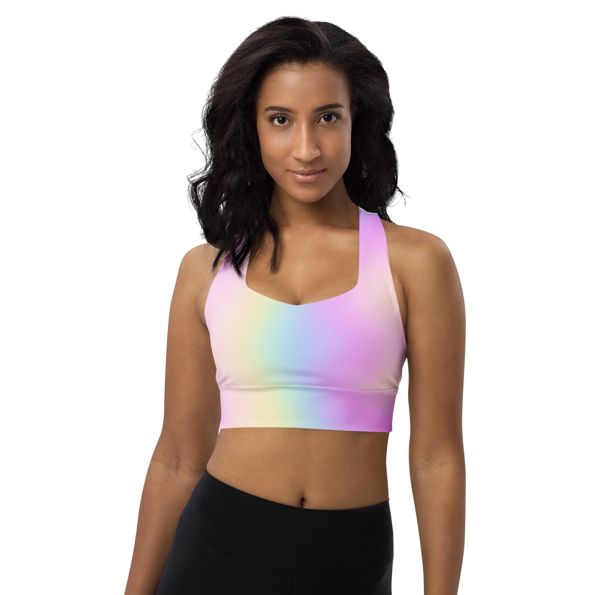 Pastel Rainbow Recycled Longline Sports Bra, Workout Fitness Yoga Pilates Activewear, Ombre Athletic Bralette, Stretchy Gym Training Top - Printspirationz
