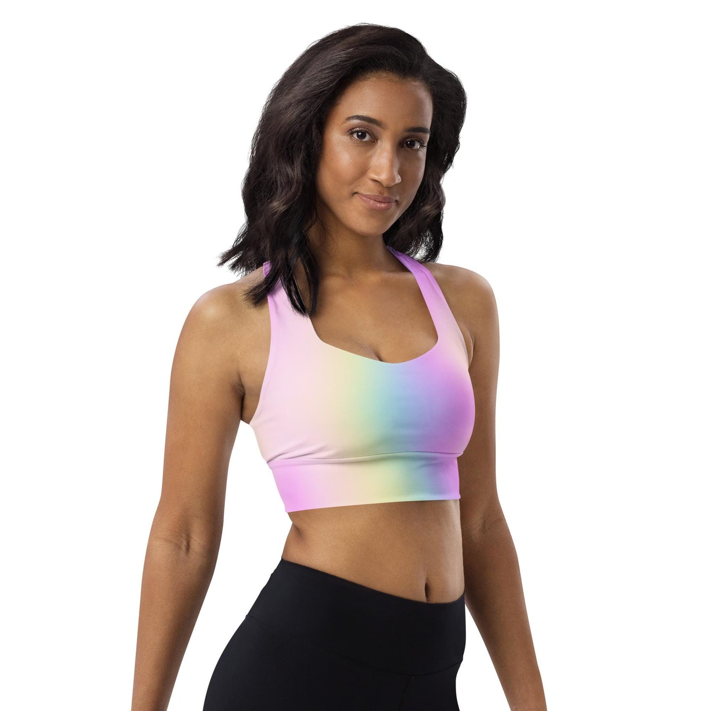 Pastel Rainbow Recycled Longline Sports Bra, Workout Fitness Yoga Pilates Activewear, Ombre Athletic Bralette, Stretchy Gym Training Top - Printspirationz