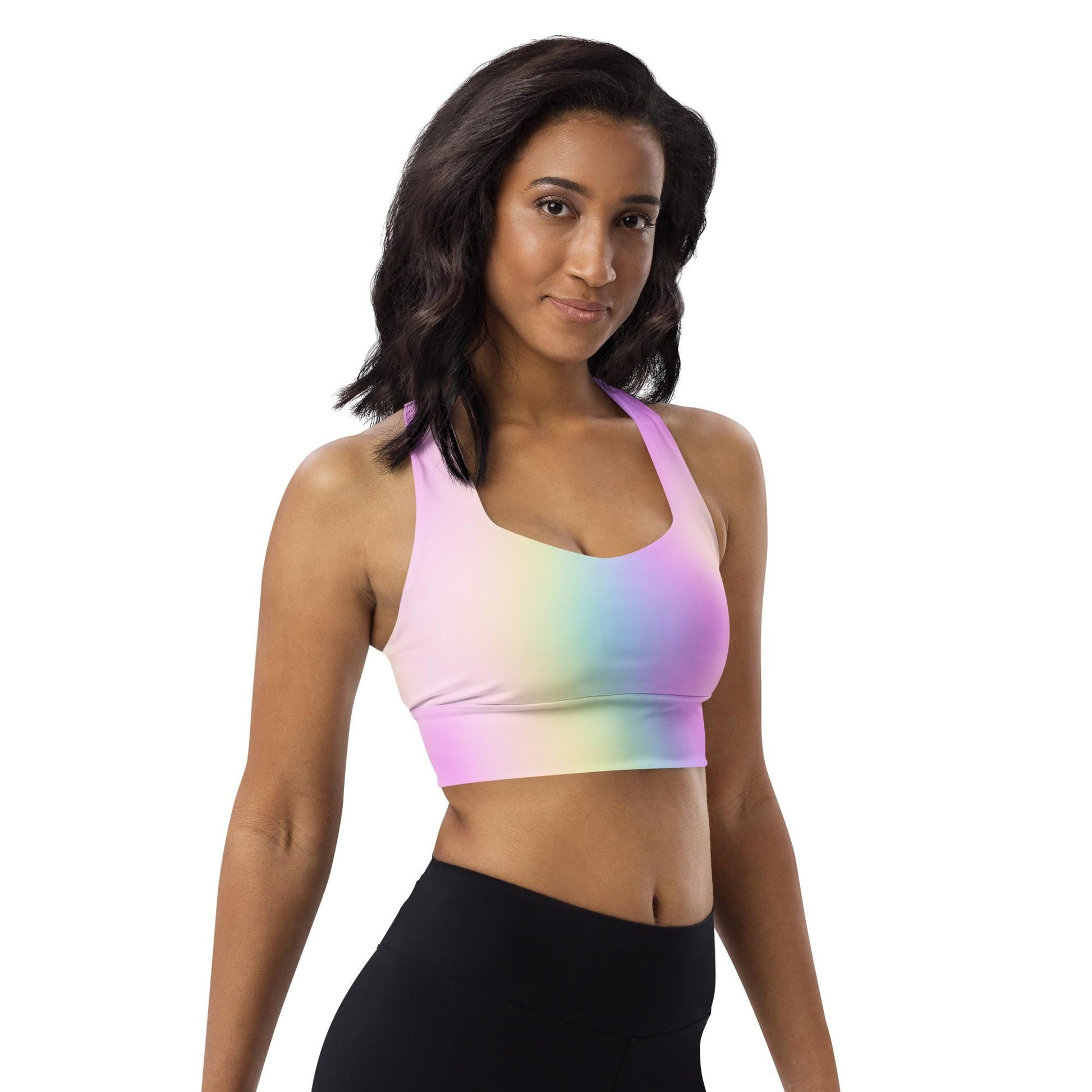 Pastel Rainbow Recycled Longline Sports Bra, Workout Fitness Yoga Pilates Activewear, Ombre Athletic Bralette, Stretchy Gym Training Top - Printspirationz