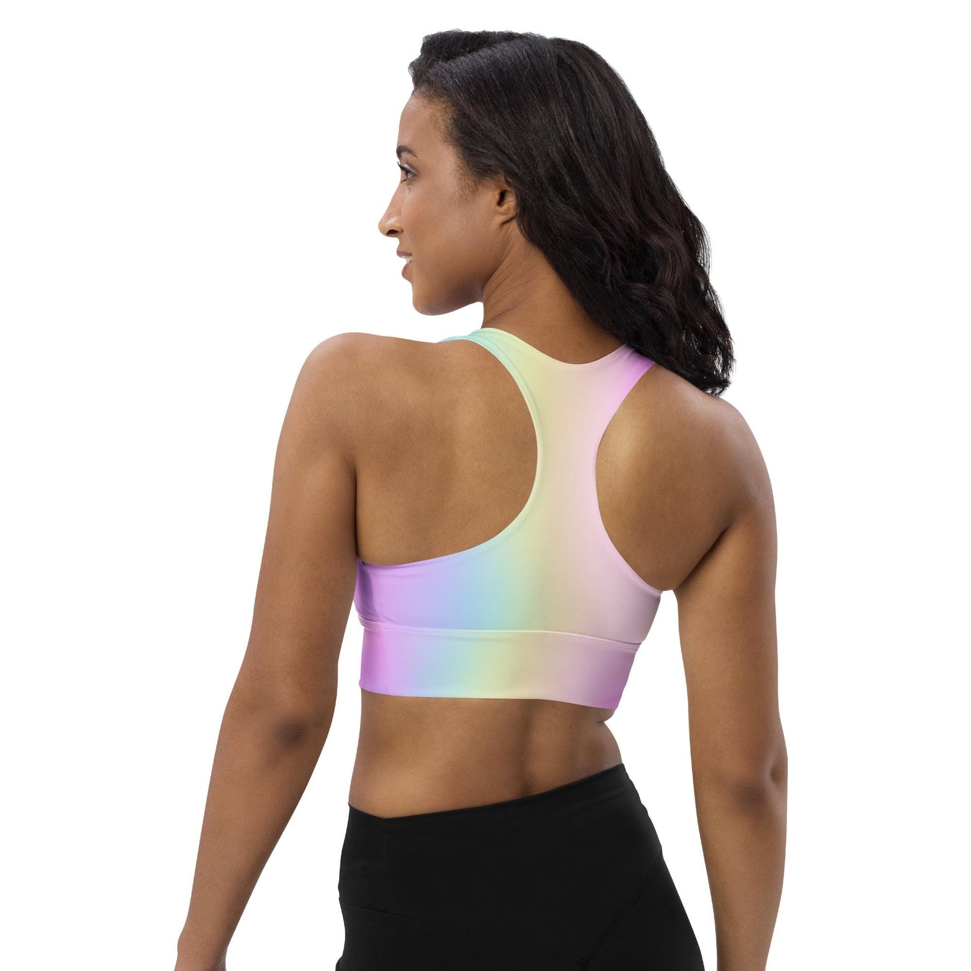 Pastel Rainbow Recycled Longline Sports Bra, Workout Fitness Yoga Pilates Activewear, Ombre Athletic Bralette, Stretchy Gym Training Top - Printspirationz