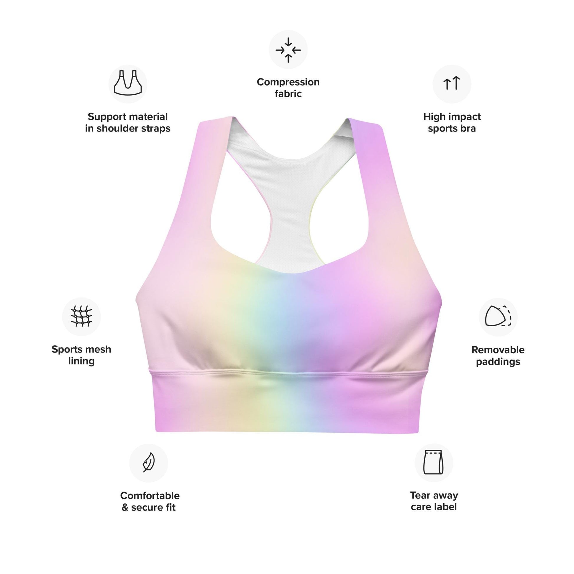 Pastel Rainbow Recycled Longline Sports Bra, Workout Fitness Yoga Pilates Activewear, Ombre Athletic Bralette, Stretchy Gym Training Top - Printspirationz