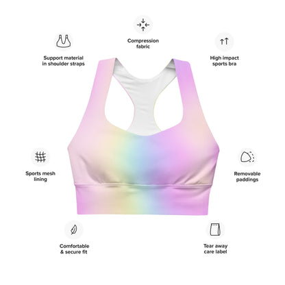 Pastel Rainbow Recycled Longline Sports Bra, Workout Fitness Yoga Pilates Activewear, Ombre Athletic Bralette, Stretchy Gym Training Top - Printspirationz