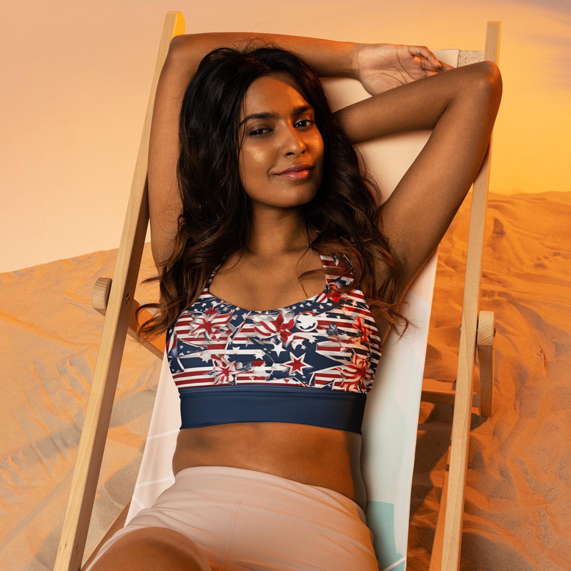 Patriotic USA Flag Inspired Recycled Longline Sports Bra, Independence Day Workout Top, Gym Yoga Bra, July 4th Unique Yoga Bra Athletic Wear - Printspirationz