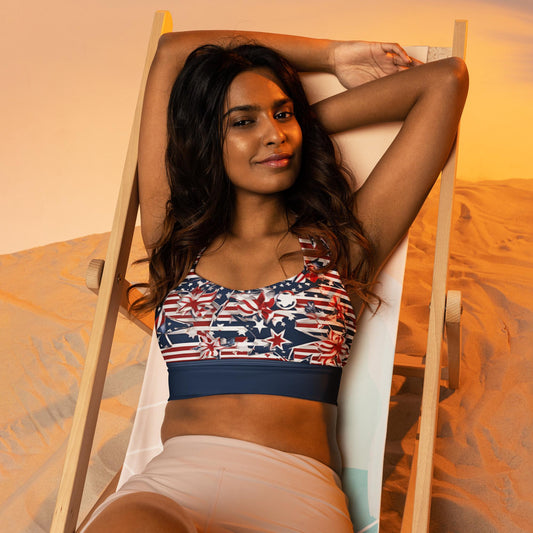 Patriotic USA Flag Inspired Recycled Longline Sports Bra, Independence Day Workout Top, Gym Yoga Bra, July 4th Unique Yoga Bra Athletic Wear - Printspirationz