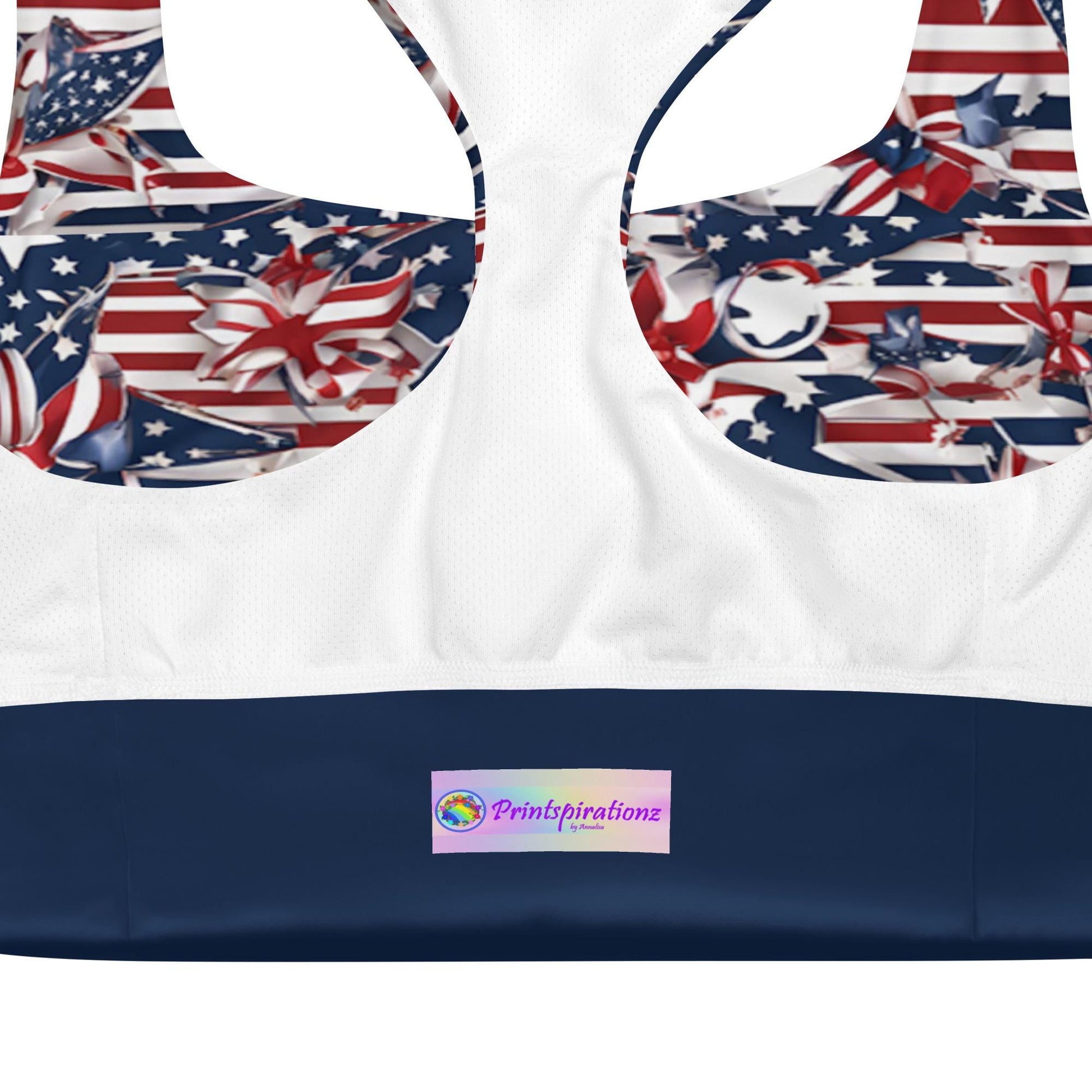 Patriotic USA Flag Inspired Recycled Longline Sports Bra, Independence Day Workout Top, Gym Yoga Bra, July 4th Unique Yoga Bra Athletic Wear - Printspirationz
