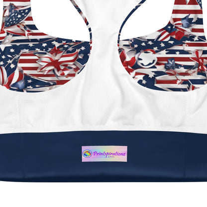 Patriotic USA Flag Inspired Recycled Longline Sports Bra, Independence Day Workout Top, Gym Yoga Bra, July 4th Unique Yoga Bra Athletic Wear - Printspirationz