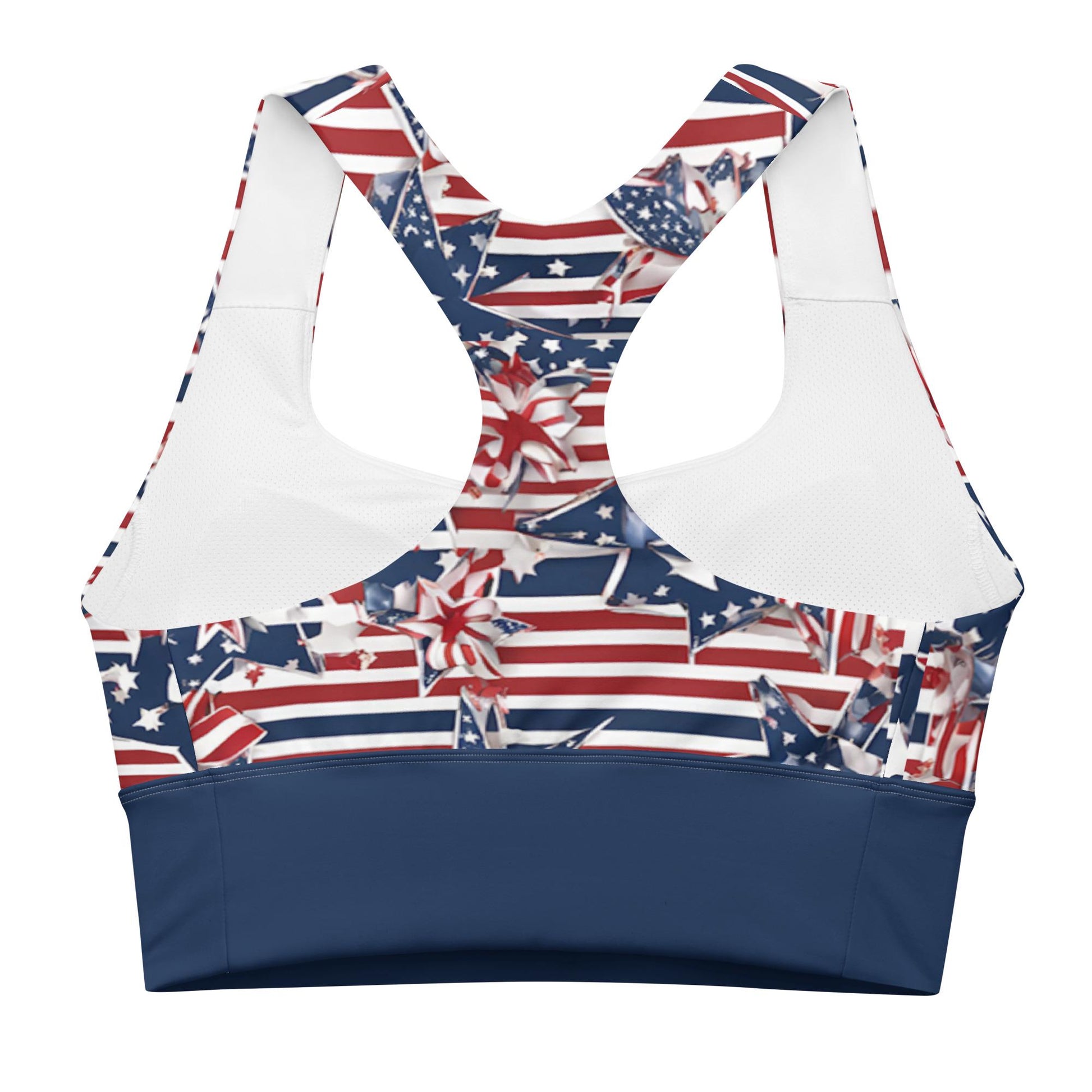 Patriotic USA Flag Inspired Recycled Longline Sports Bra, Independence Day Workout Top, Gym Yoga Bra, July 4th Unique Yoga Bra Athletic Wear - Printspirationz