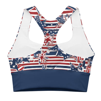 Patriotic USA Flag Inspired Recycled Longline Sports Bra, Independence Day Workout Top, Gym Yoga Bra, July 4th Unique Yoga Bra Athletic Wear - Printspirationz