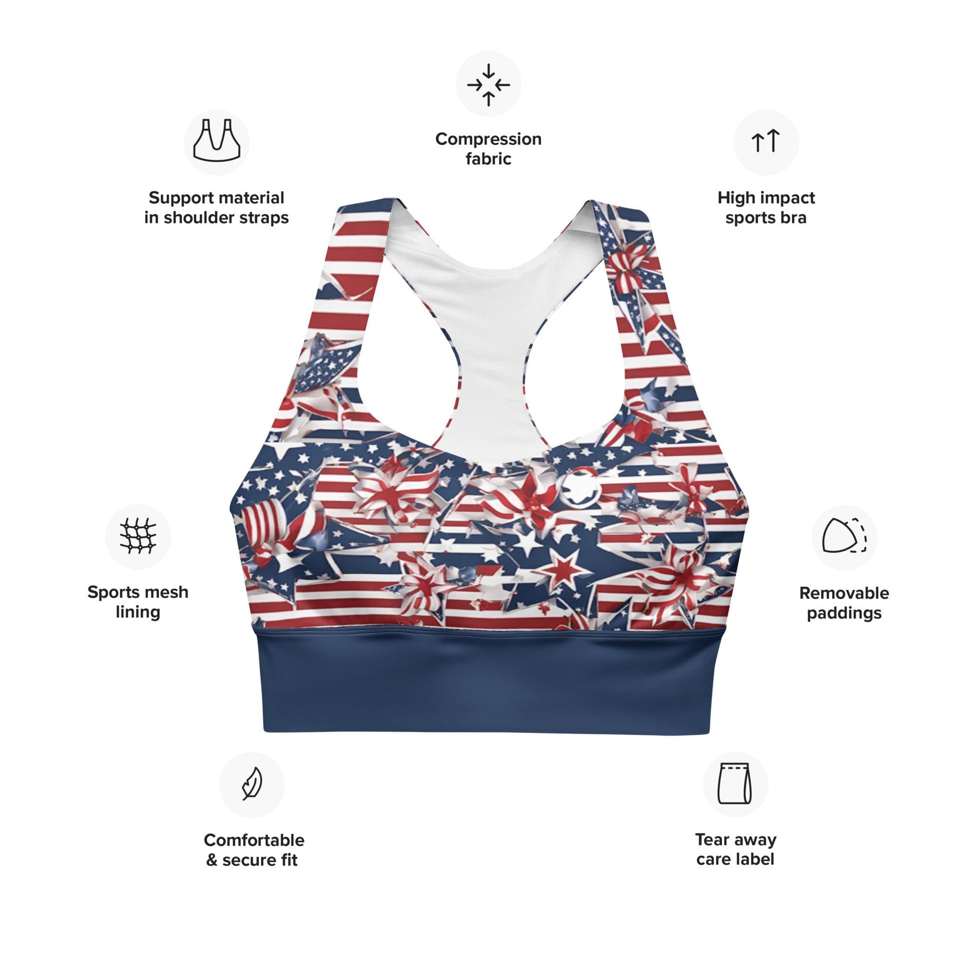 Patriotic USA Flag Inspired Recycled Longline Sports Bra, Independence Day Workout Top, Gym Yoga Bra, July 4th Unique Yoga Bra Athletic Wear - Printspirationz