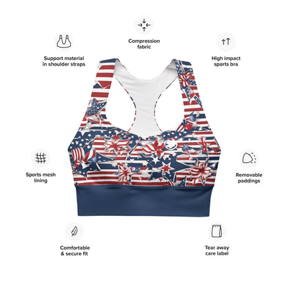 Patriotic USA Flag Inspired Recycled Longline Sports Bra, Independence Day Workout Top, Gym Yoga Bra, July 4th Unique Yoga Bra Athletic Wear - Printspirationz