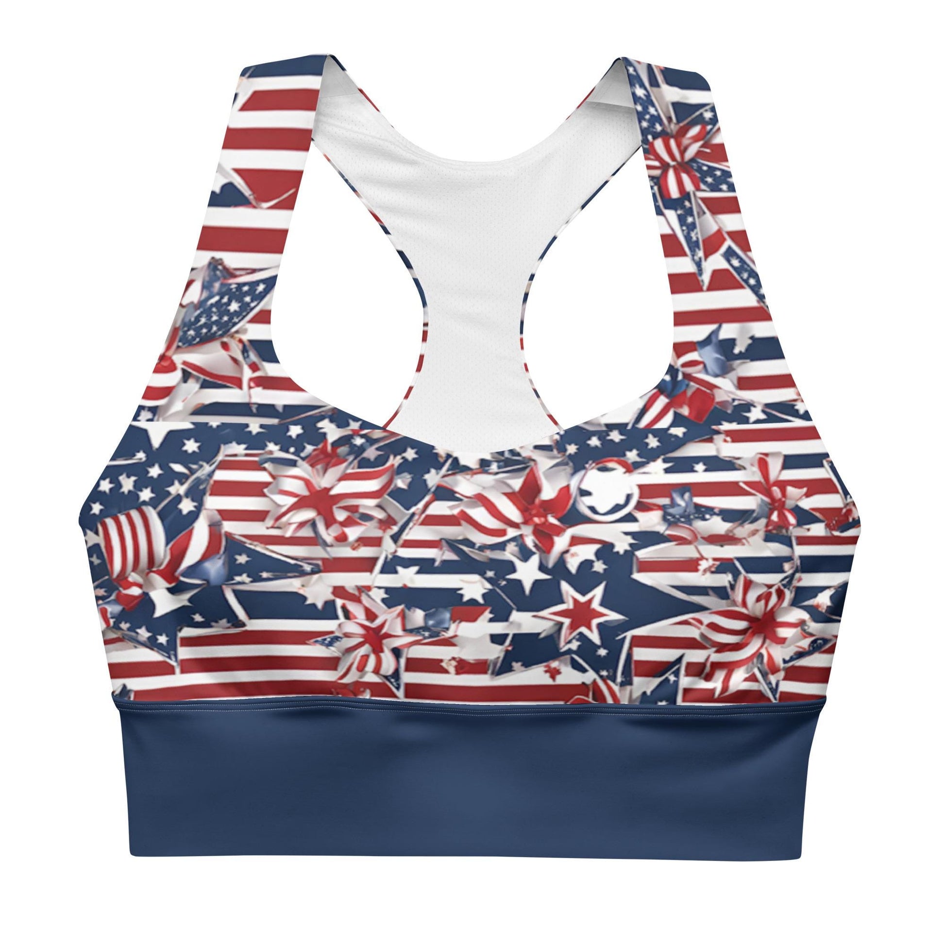 Patriotic USA Flag Inspired Recycled Longline Sports Bra, Independence Day Workout Top, Gym Yoga Bra, July 4th Unique Yoga Bra Athletic Wear - Printspirationz