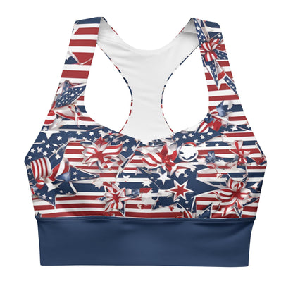 Patriotic USA Flag Inspired Recycled Longline Sports Bra, Independence Day Workout Top, Gym Yoga Bra, July 4th Unique Yoga Bra Athletic Wear - Printspirationz