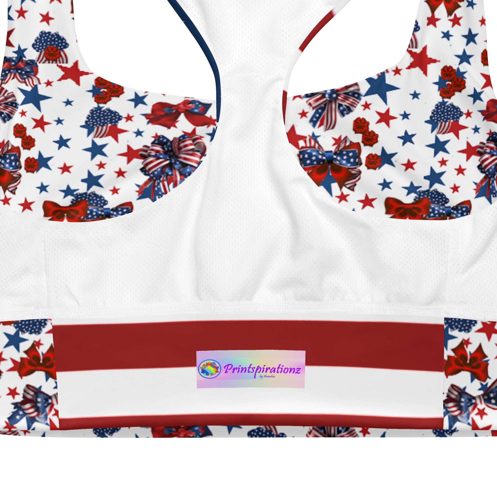 Patriotic USA Flag Inspired Recycled Longline Sports Bra, Independence Day Workout Top, Gym Yoga Bra, July 4th Unique Yoga Bra Athletic Wear - Printspirationz