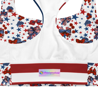 Patriotic USA Flag Inspired Recycled Longline Sports Bra, Independence Day Workout Top, Gym Yoga Bra, July 4th Unique Yoga Bra Athletic Wear - Printspirationz