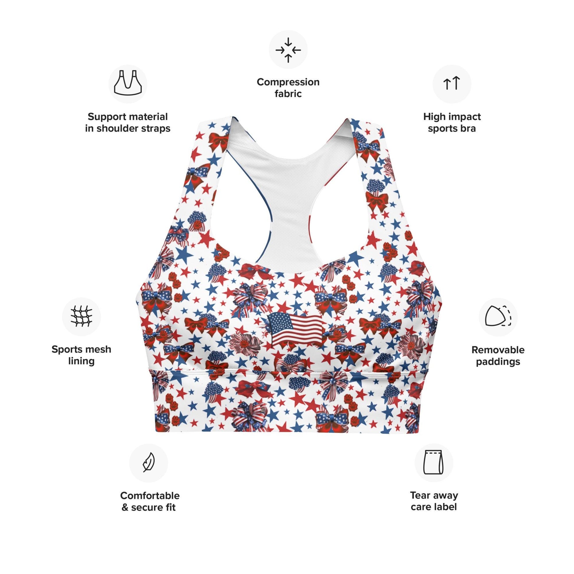 Patriotic USA Flag Inspired Recycled Longline Sports Bra, Independence Day Workout Top, Gym Yoga Bra, July 4th Unique Yoga Bra Athletic Wear - Printspirationz