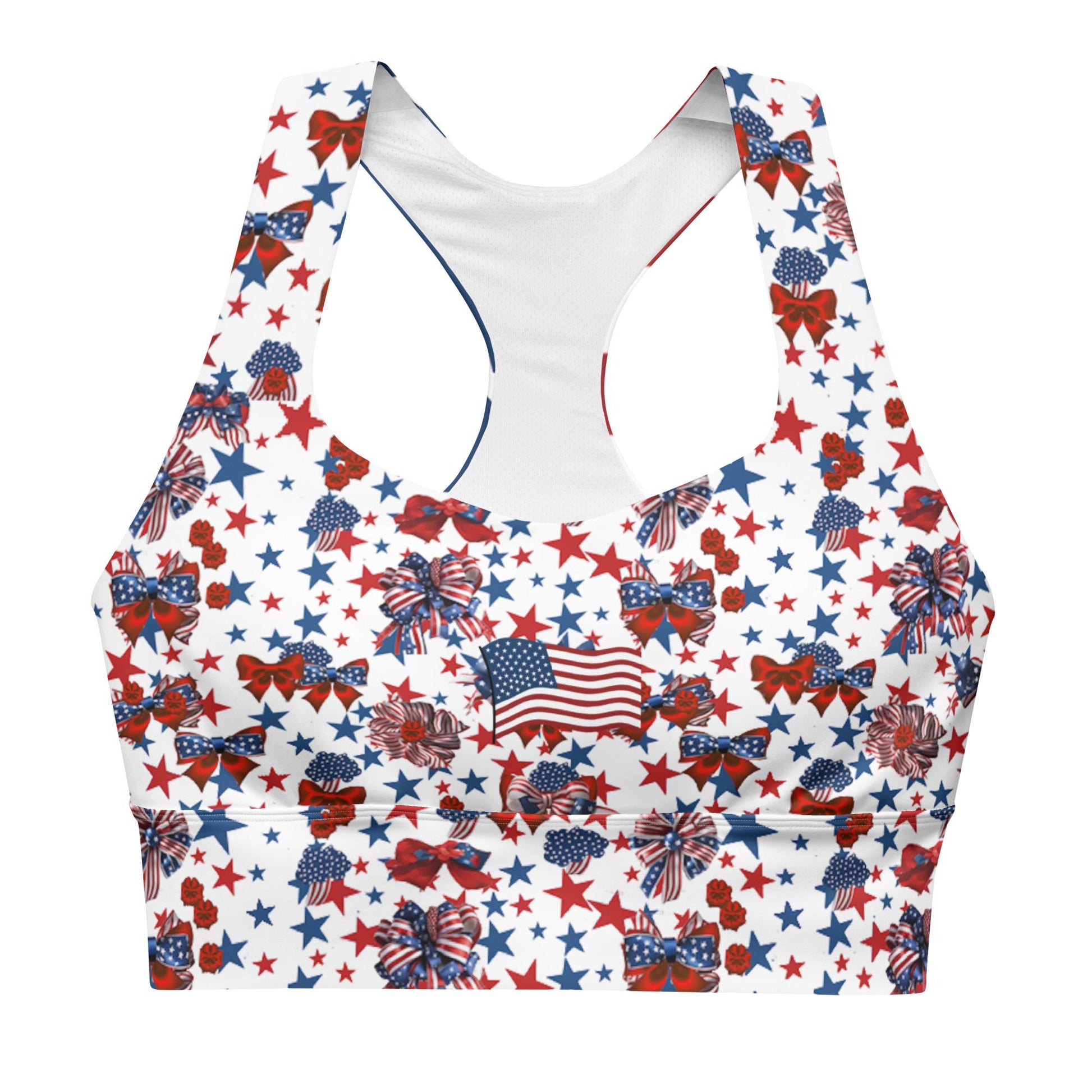 Patriotic USA Flag Inspired Recycled Longline Sports Bra, Independence Day Workout Top, Gym Yoga Bra, July 4th Unique Yoga Bra Athletic Wear - Printspirationz