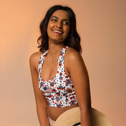 Patriotic USA Flag Inspired Recycled Longline Sports Bra, Independence Day Workout Top, Gym Yoga Bra, July 4th Unique Yoga Bra Athletic Wear - Printspirationz