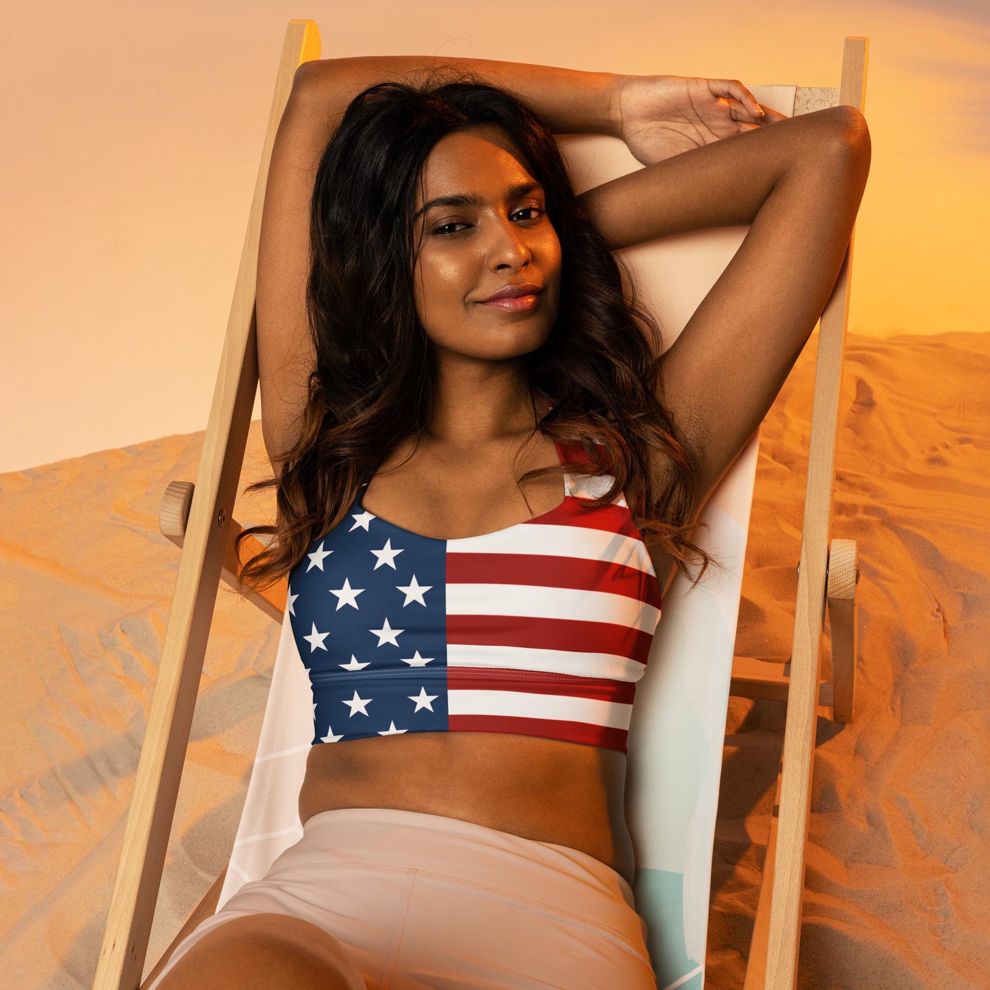 Patriotic USA Flag Inspired Recycled Longline Sports Bra, Independence Day Workout Top, Gym Yoga Bra, July 4th Unique Yoga Bra Athletic Wear - Printspirationz