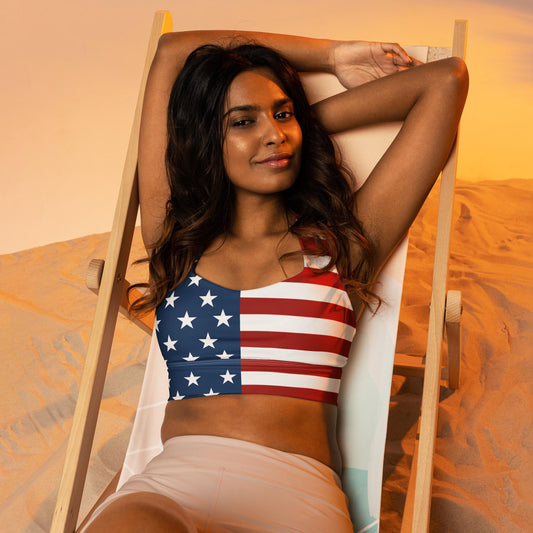 Patriotic USA Flag Inspired Recycled Longline Sports Bra, Independence Day Workout Top, Gym Yoga Bra, July 4th Unique Yoga Bra Athletic Wear - Printspirationz