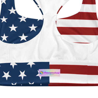 Patriotic USA Flag Inspired Recycled Longline Sports Bra, Independence Day Workout Top, Gym Yoga Bra, July 4th Unique Yoga Bra Athletic Wear - Printspirationz