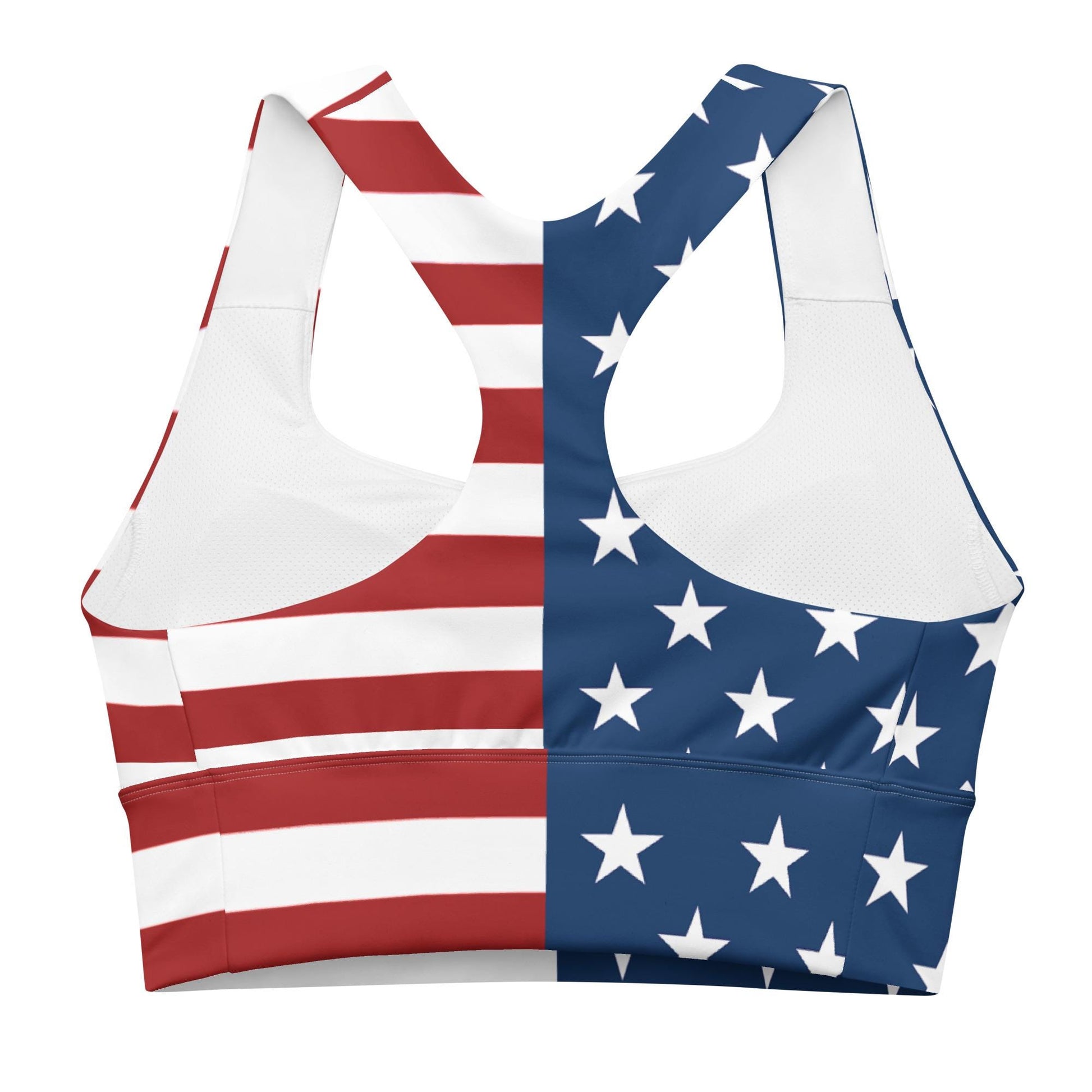 Patriotic USA Flag Inspired Recycled Longline Sports Bra, Independence Day Workout Top, Gym Yoga Bra, July 4th Unique Yoga Bra Athletic Wear - Printspirationz
