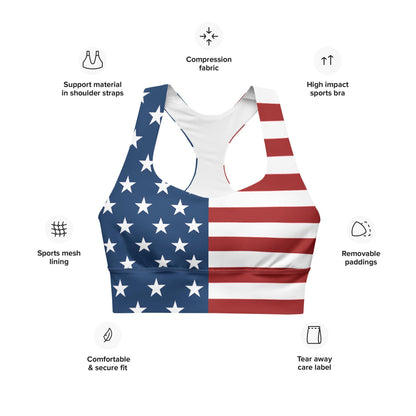 Patriotic USA Flag Inspired Recycled Longline Sports Bra, Independence Day Workout Top, Gym Yoga Bra, July 4th Unique Yoga Bra Athletic Wear - Printspirationz