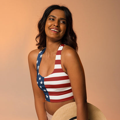 Patriotic USA Flag Inspired Recycled Longline Sports Bra, Independence Day Workout Top, Gym Yoga Bra, July 4th Unique Yoga Bra Athletic Wear - Printspirationz