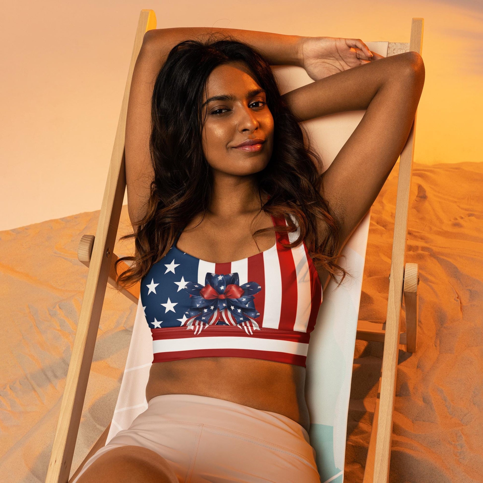 Patriotic USA Flag Inspired Recycled Longline Sports Bra, Independence Day Workout Top, Gym Yoga Bra, July 4th Unique Yoga Bra Athletic Wear - Printspirationz