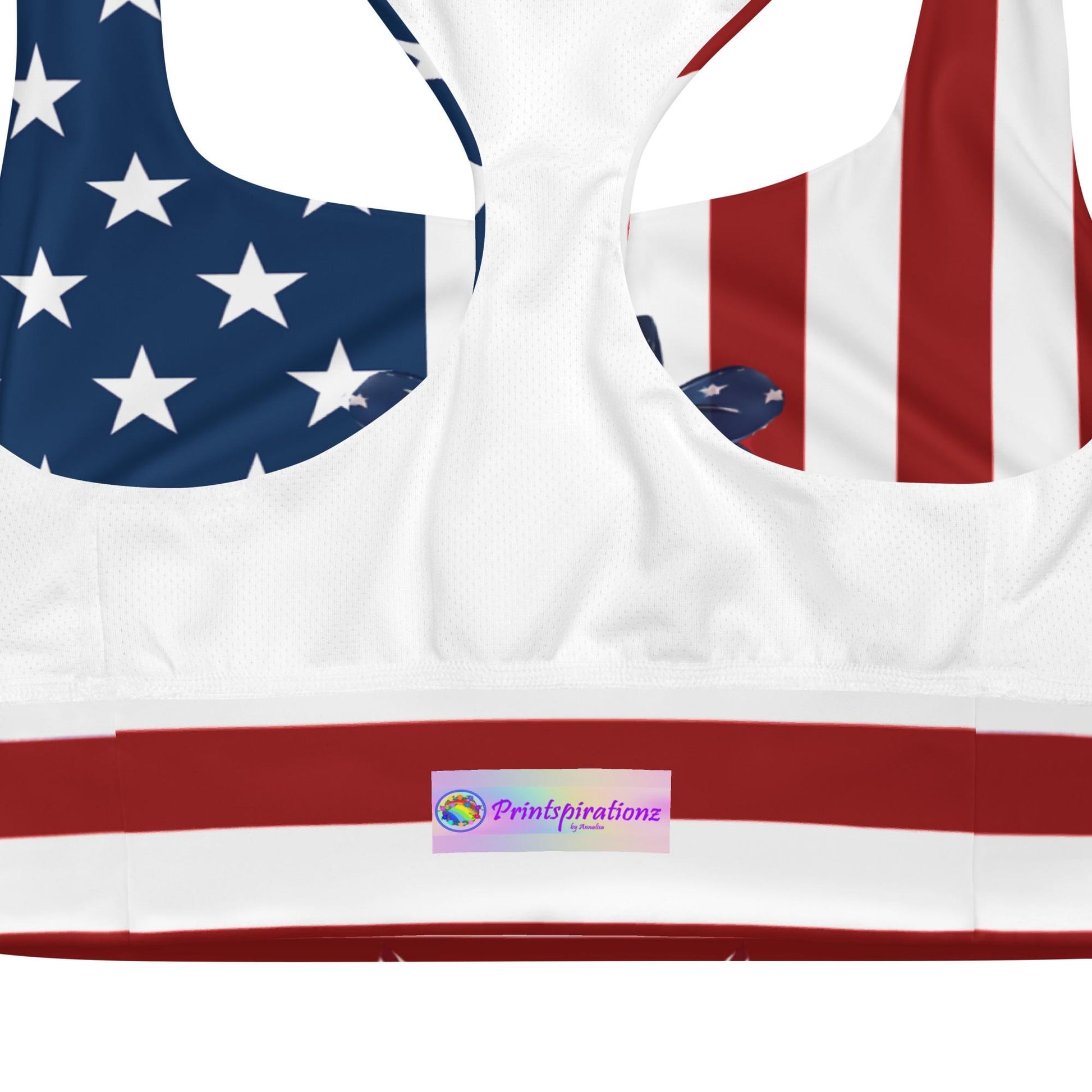 Patriotic USA Flag Inspired Recycled Longline Sports Bra, Independence Day Workout Top, Gym Yoga Bra, July 4th Unique Yoga Bra Athletic Wear - Printspirationz