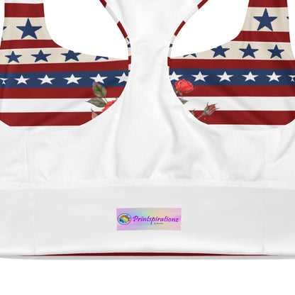 Patriotic USA Flag Inspired Recycled Longline Sports Bra, Independence Day Workout Top, Gym Yoga Bra, July 4th Unique Yoga Bra Athletic Wear - Printspirationz