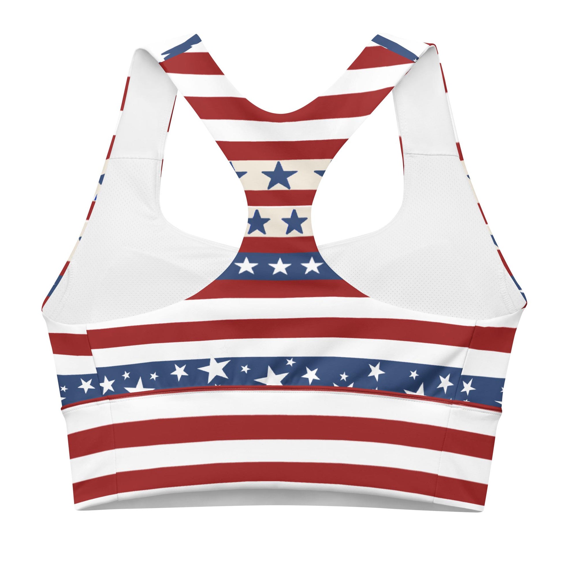 Patriotic USA Flag Inspired Recycled Longline Sports Bra, Independence Day Workout Top, Gym Yoga Bra, July 4th Unique Yoga Bra Athletic Wear - Printspirationz