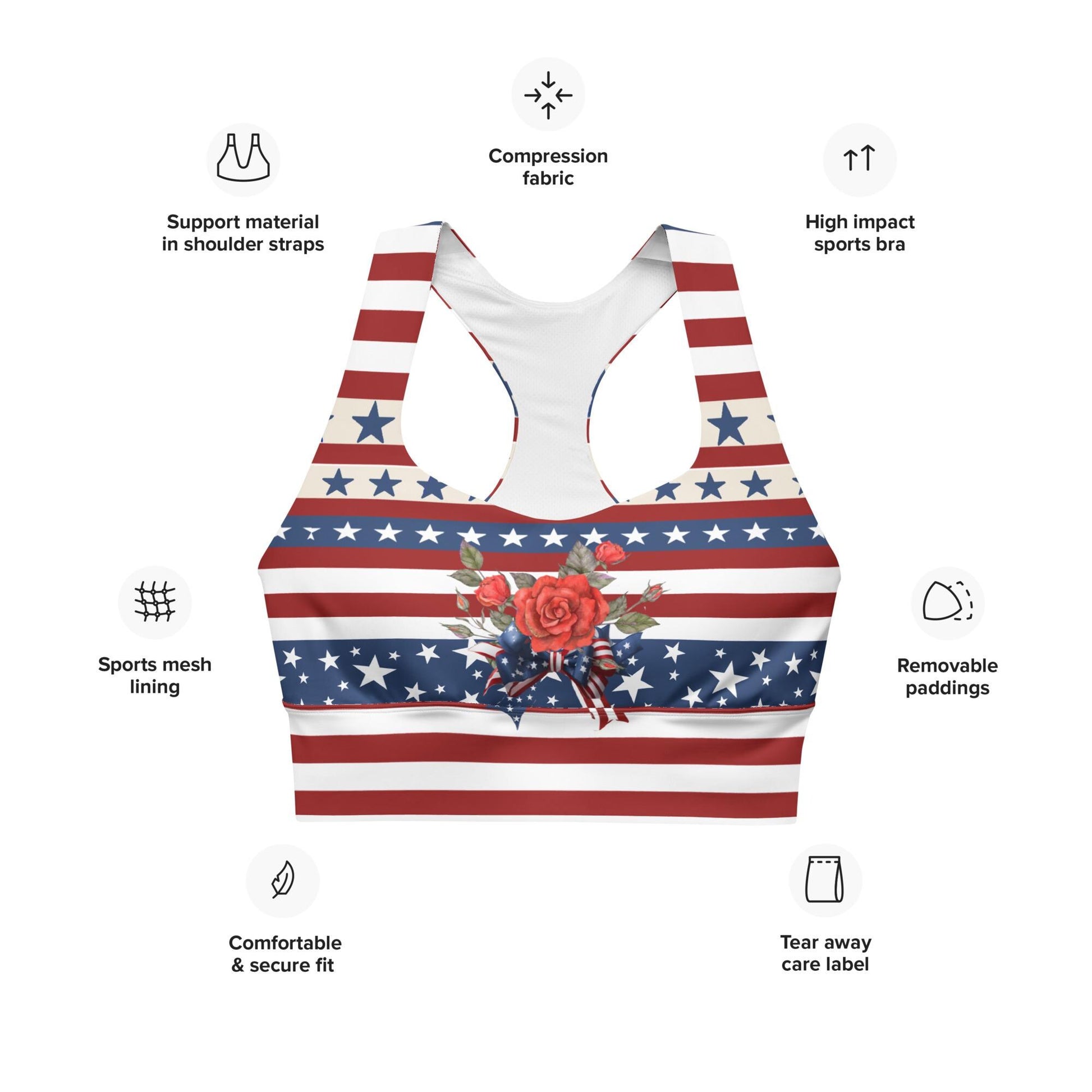 Patriotic USA Flag Inspired Recycled Longline Sports Bra, Independence Day Workout Top, Gym Yoga Bra, July 4th Unique Yoga Bra Athletic Wear - Printspirationz