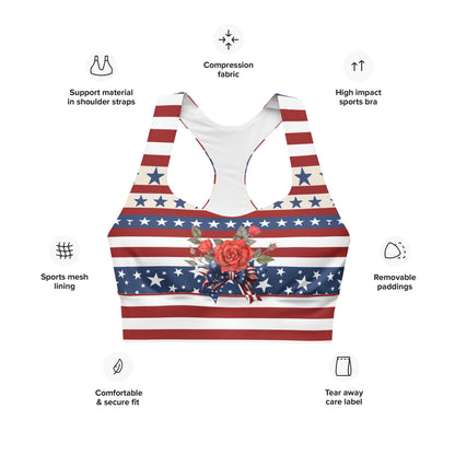 Patriotic USA Flag Inspired Recycled Longline Sports Bra, Independence Day Workout Top, Gym Yoga Bra, July 4th Unique Yoga Bra Athletic Wear - Printspirationz