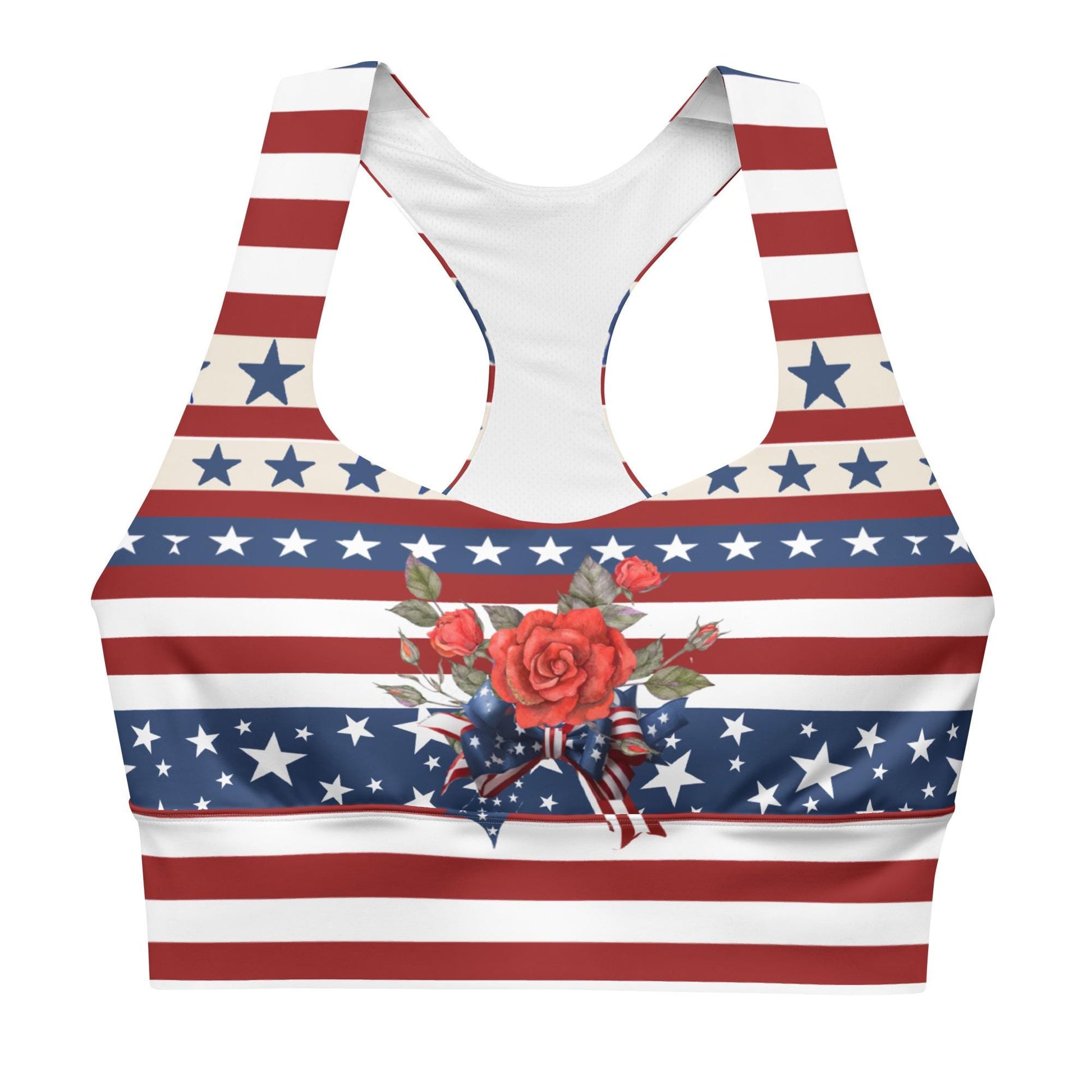 Patriotic USA Flag Inspired Recycled Longline Sports Bra, Independence Day Workout Top, Gym Yoga Bra, July 4th Unique Yoga Bra Athletic Wear - Printspirationz
