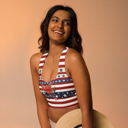 Patriotic USA Flag Inspired Recycled Longline Sports Bra, Independence Day Workout Top, Gym Yoga Bra, July 4th Unique Yoga Bra Athletic Wear - Printspirationz