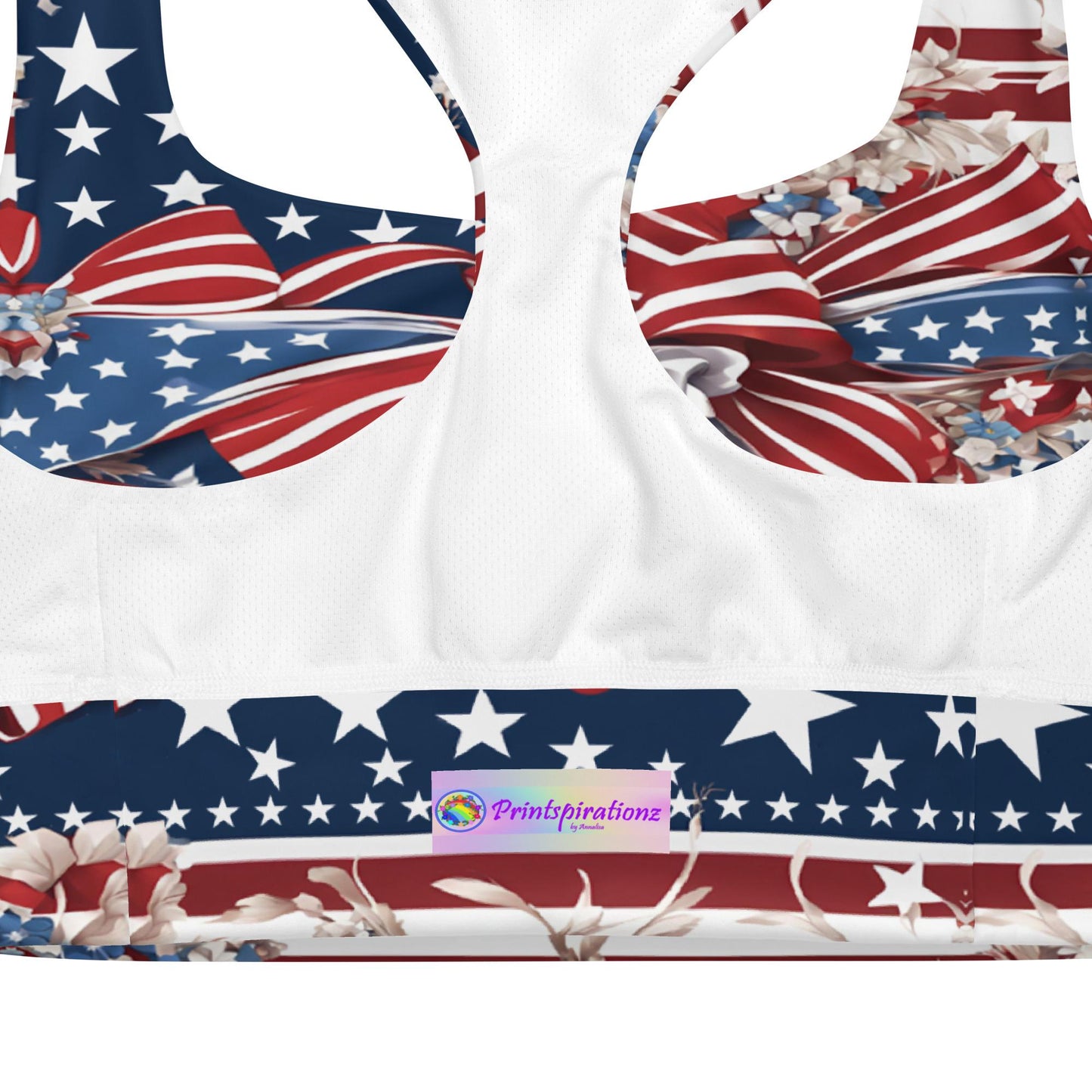 Patriotic USA Flag Inspired Recycled Longline Sports Bra, Independence Day Workout Top, Gym Yoga Bra, July 4th Unique Yoga Bra Athletic Wear - Printspirationz