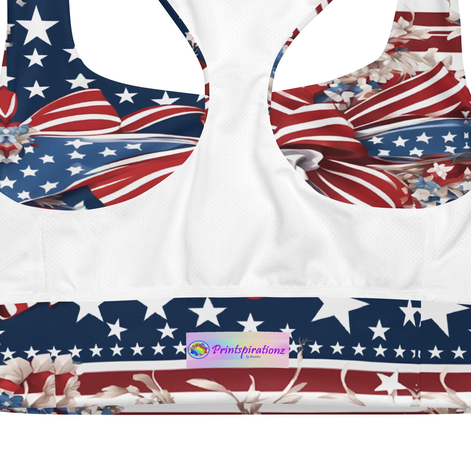 Patriotic USA Flag Inspired Recycled Longline Sports Bra, Independence Day Workout Top, Gym Yoga Bra, July 4th Unique Yoga Bra Athletic Wear - Printspirationz