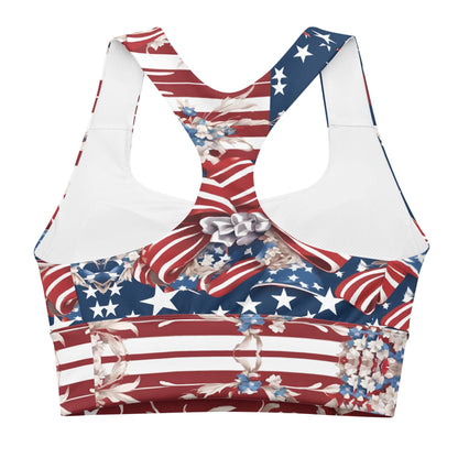 Patriotic USA Flag Inspired Recycled Longline Sports Bra, Independence Day Workout Top, Gym Yoga Bra, July 4th Unique Yoga Bra Athletic Wear - Printspirationz