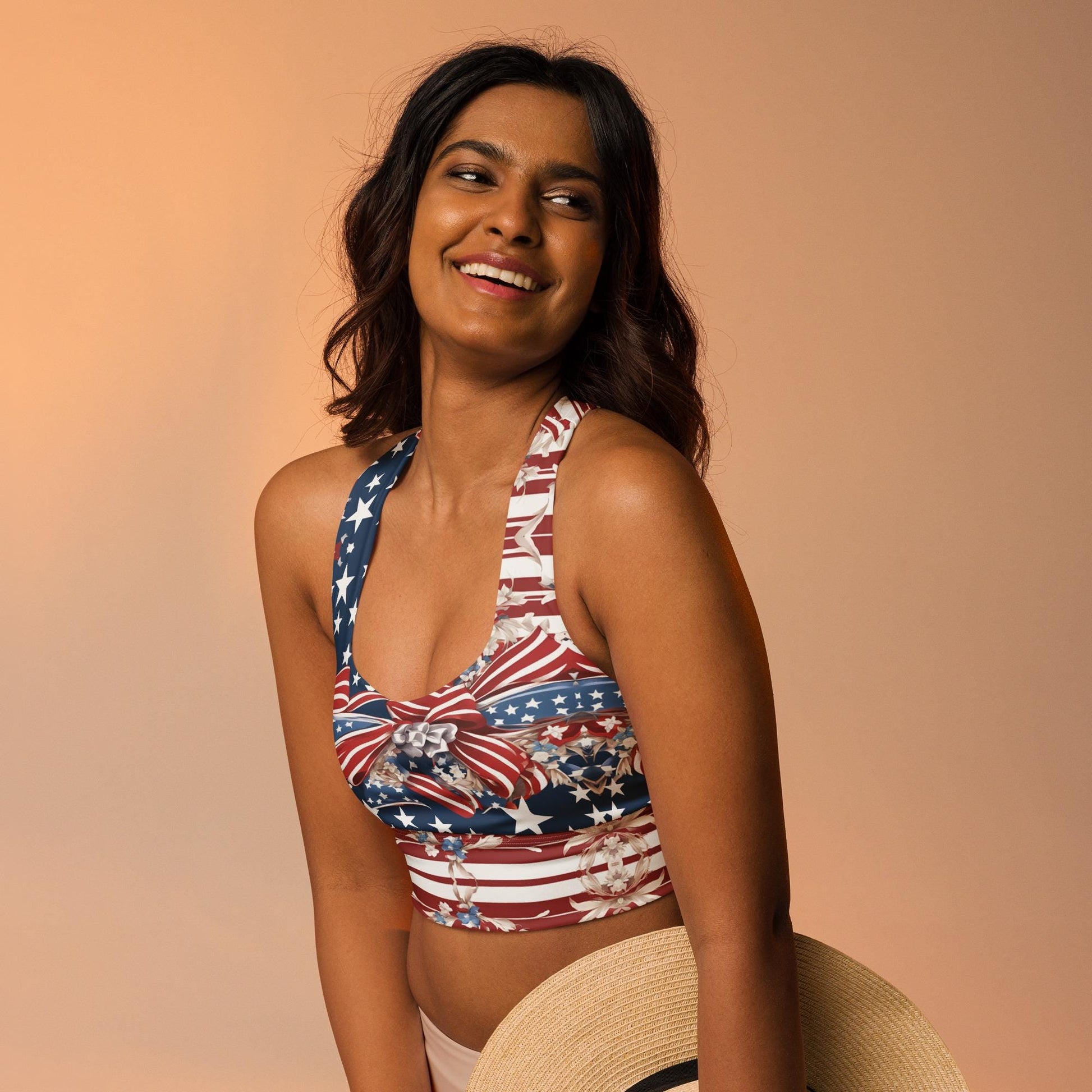 Patriotic USA Flag Inspired Recycled Longline Sports Bra, Independence Day Workout Top, Gym Yoga Bra, July 4th Unique Yoga Bra Athletic Wear - Printspirationz