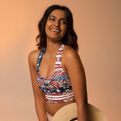 Patriotic USA Flag Inspired Recycled Longline Sports Bra, Independence Day Workout Top, Gym Yoga Bra, July 4th Unique Yoga Bra Athletic Wear - Printspirationz
